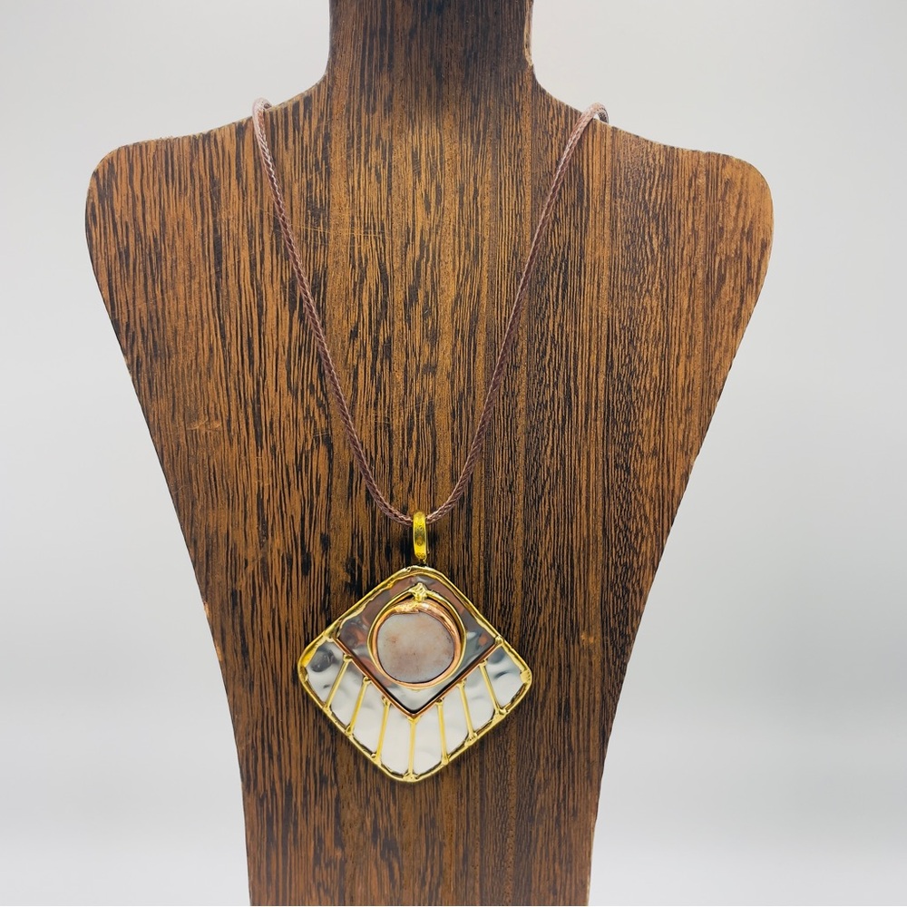 Handmade Artisan Gold, Copper and Silver Pendant Necklace with 18” Leather Cord